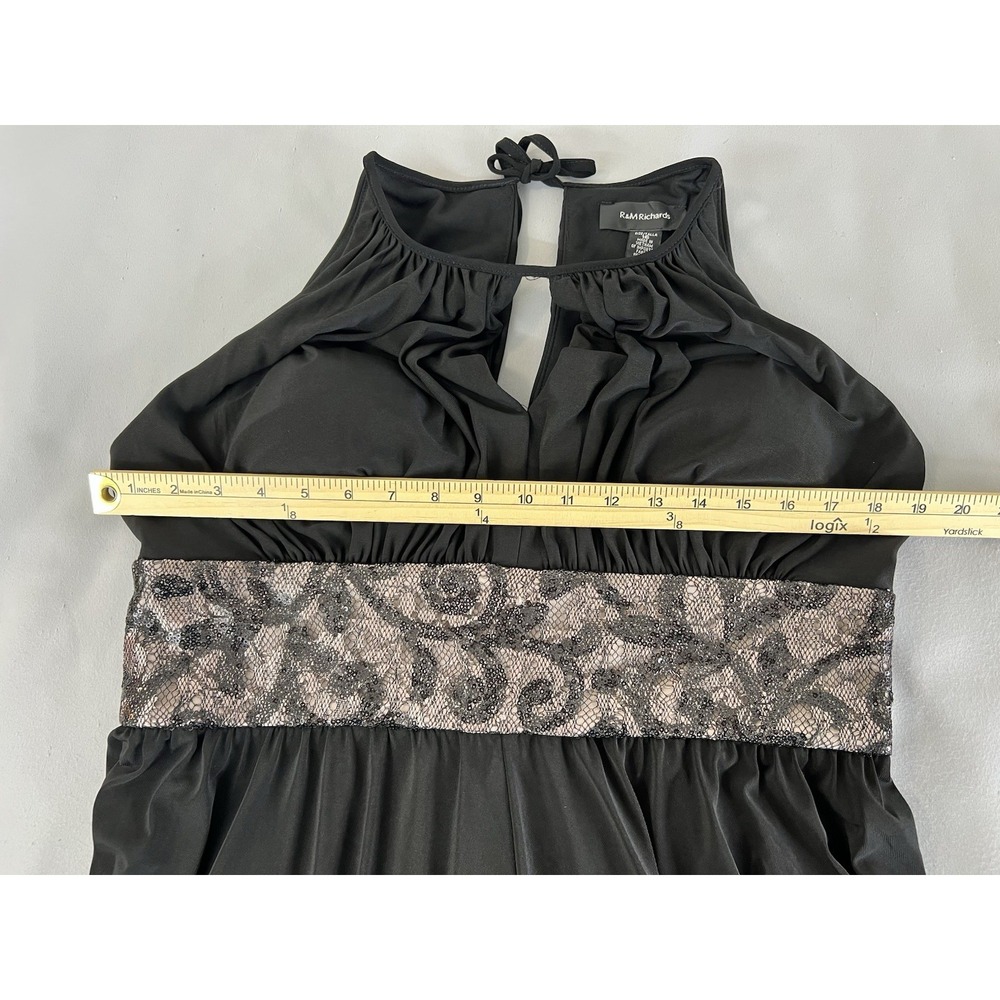 R&M Richards Formal Dress Black Sequined Waist Peephole Slit Sz 16 Prom - Picture 10 of 16